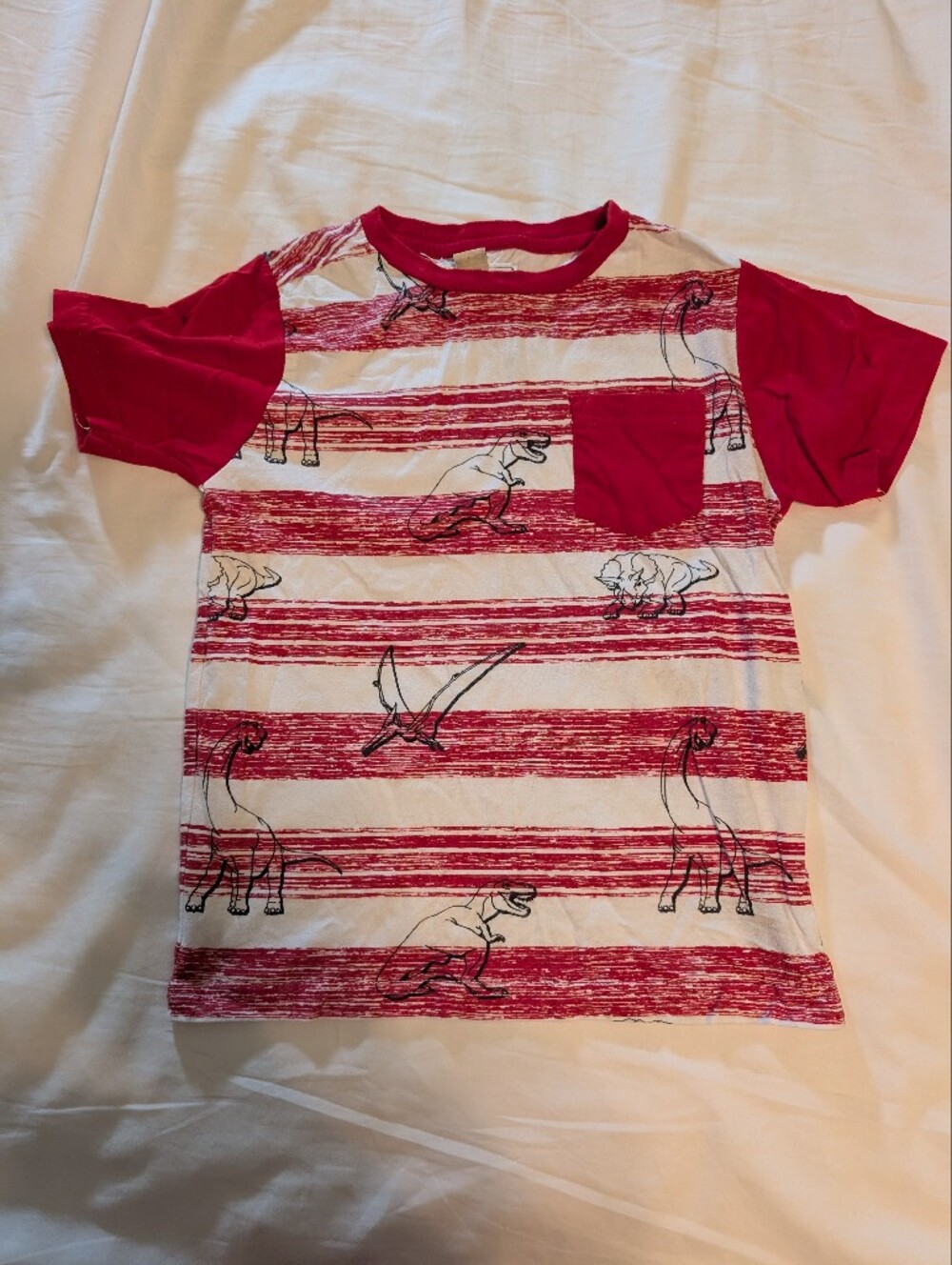 Kids Red Stripe Dinosaur Pocket Tee